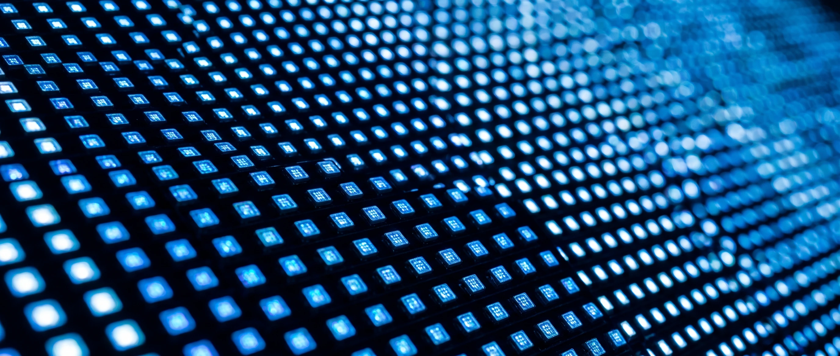 Macro della superficie di un pannello LED: migliaia di emettitori quadrati allineati in una griglia regolare, accesi in blu.