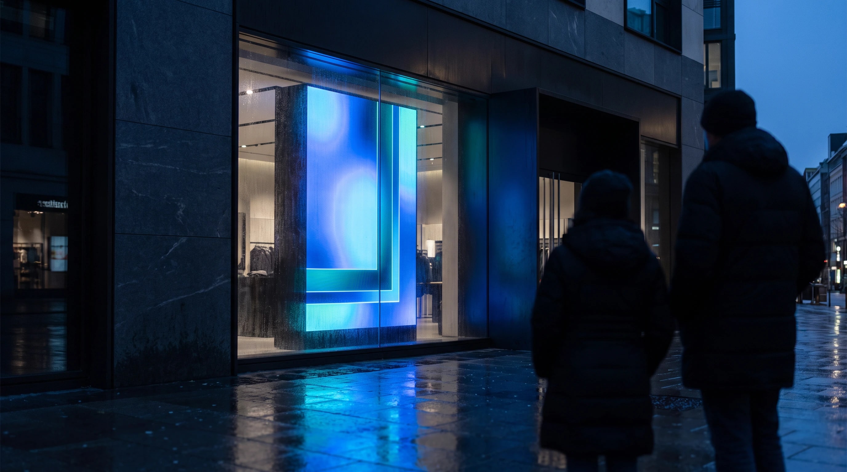 Vetrina di un negozio all’imbrunire vista dalla strada: un display ad alta luminosità acceso dietro il vetro si riflette sul selciato bagnato.
